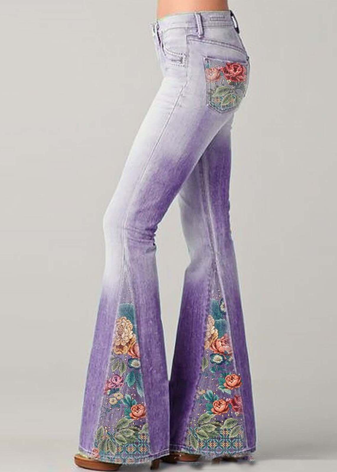Jean femme – Taille haute – Coupe évasée – Broderie florale bohème – Longueur totale