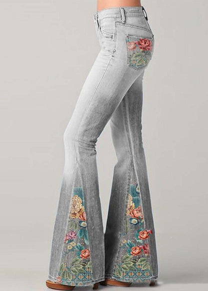 Jean femme – Taille haute – Coupe évasée – Broderie florale bohème – Longueur totale