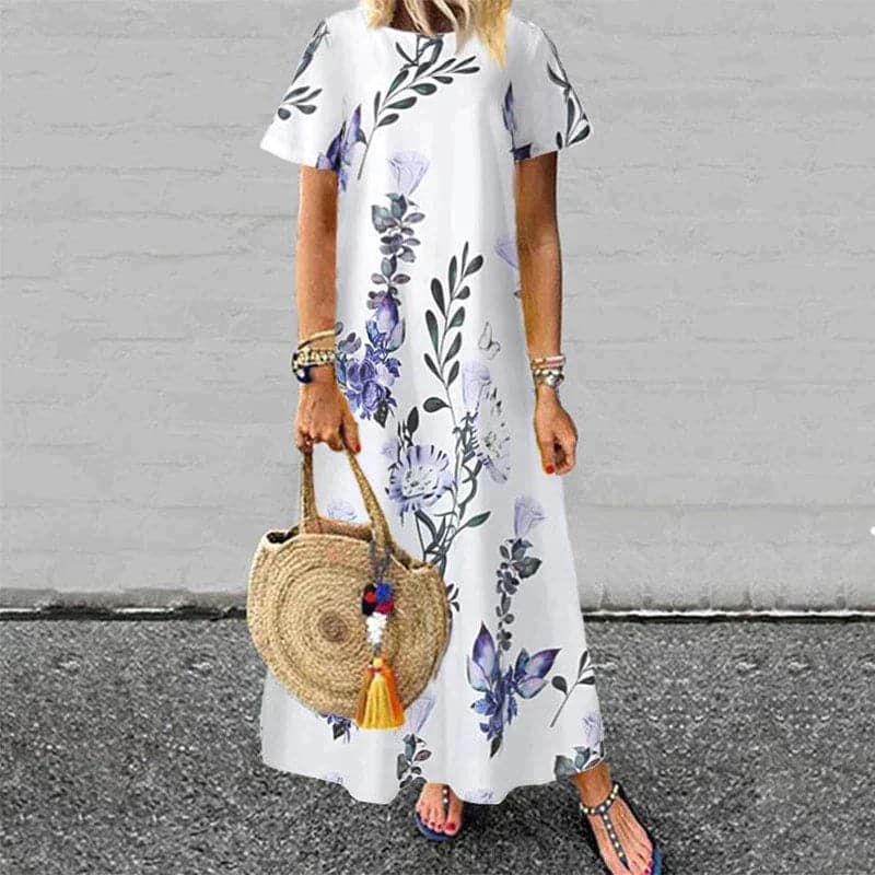 Robe longue femme – Coupe fluide – Manches courtes – Fibres naturelles – Imprimé fleuri