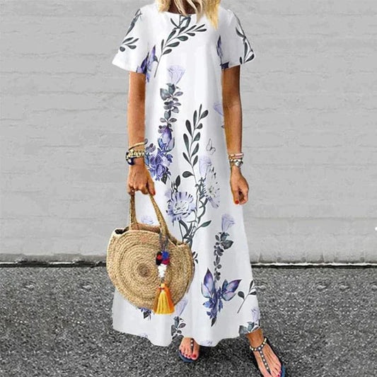 Robe longue femme – Coupe fluide – Manches courtes – Fibres naturelles – Imprimé fleuri