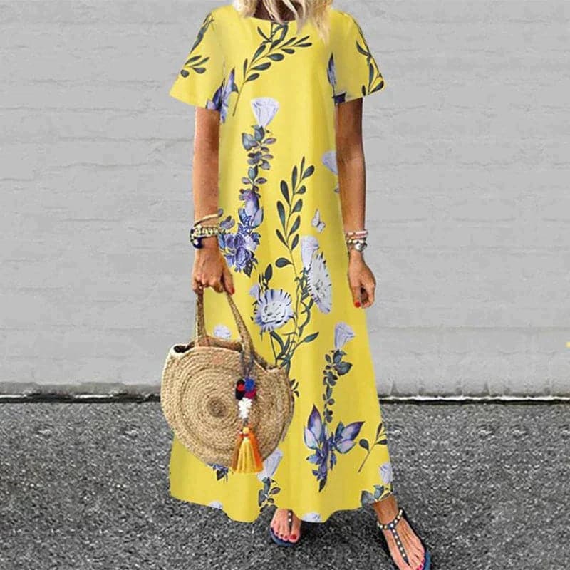 Robe longue femme – Coupe fluide – Manches courtes – Fibres naturelles – Imprimé fleuri