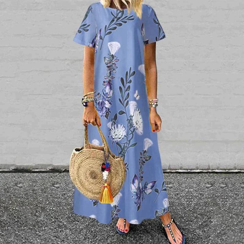 Robe longue femme – Coupe fluide – Manches courtes – Fibres naturelles – Imprimé fleuri