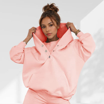 Femme Sweatshirt - Coton Doux - Coupe Oversize - Boutons Fonctionnels - Style Casual