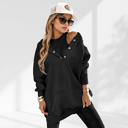 Femme Sweatshirt - Coton Doux - Coupe Oversize - Boutons Fonctionnels - Style Casual