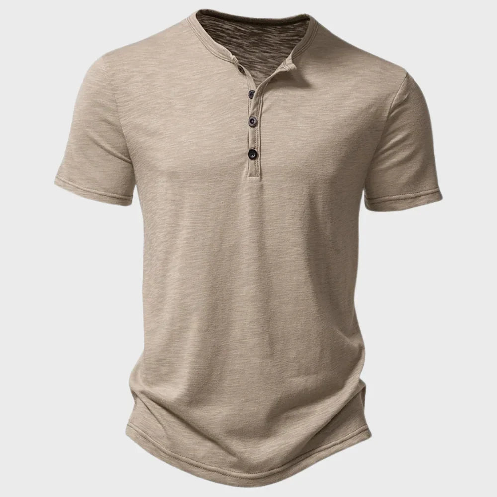 T-shirt homme – Coupe regular – Maille douce – Col Henley – Manches courtes respirant