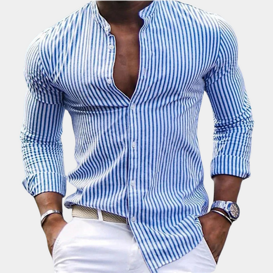 Chemise homme manches longues – Coupe slim – Col mao – Rayures verticales – Tissu respirant