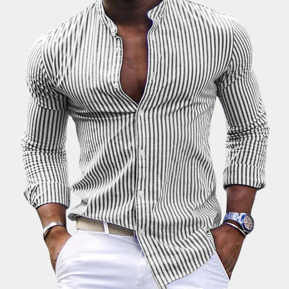 Chemise homme manches longues – Coupe slim – Col mao – Rayures verticales – Tissu respirant