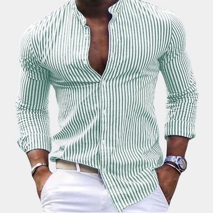 Chemise homme manches longues – Coupe slim – Col mao – Rayures verticales – Tissu respirant