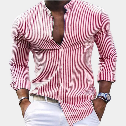 Chemise homme manches longues – Coupe slim – Col mao – Rayures verticales – Tissu respirant