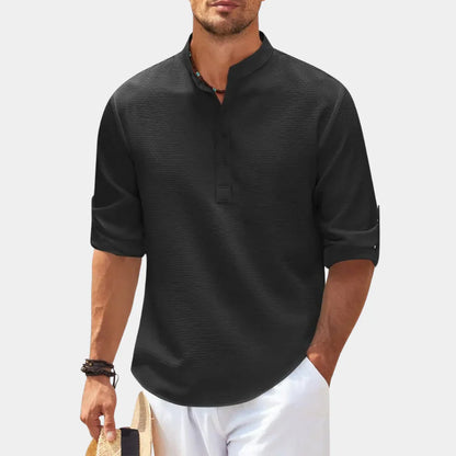 Chemise homme décontractée – Coupe ample – Col mao – Fibres naturelles respirantes