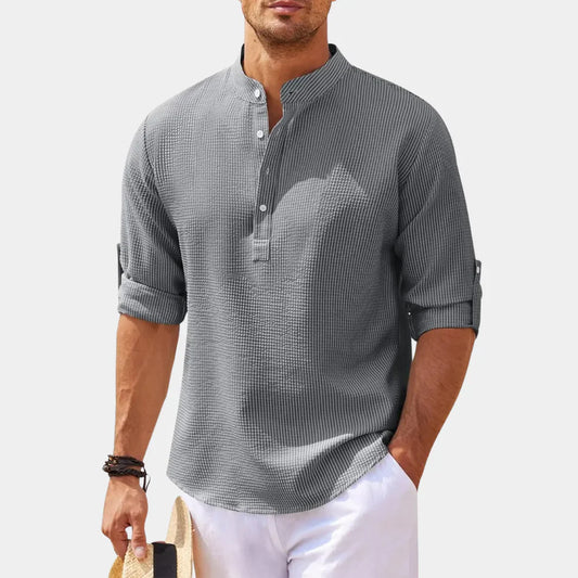 Chemise homme décontractée – Coupe ample – Col mao – Fibres naturelles respirantes
