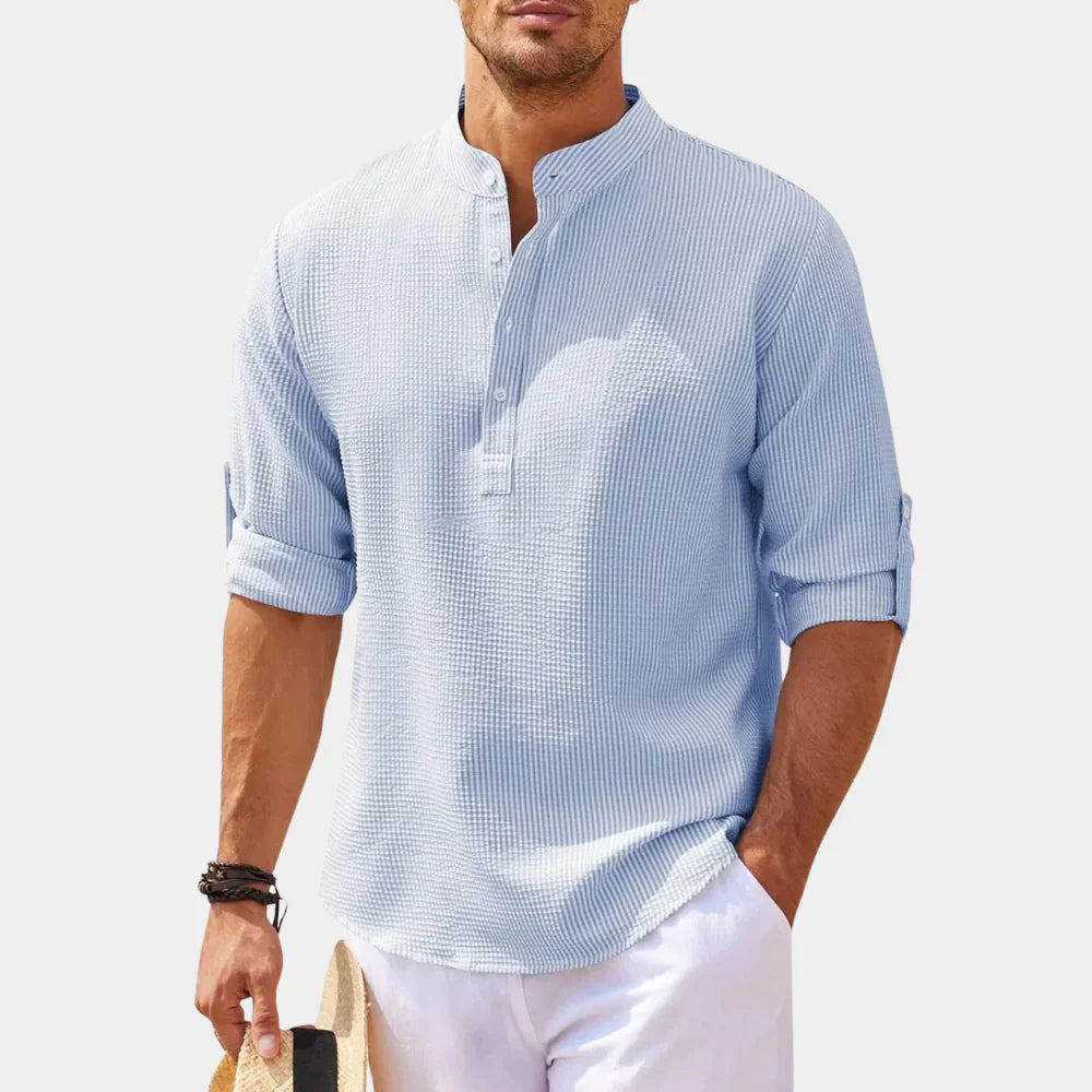 Chemise homme décontractée – Coupe ample – Col mao – Fibres naturelles respirantes