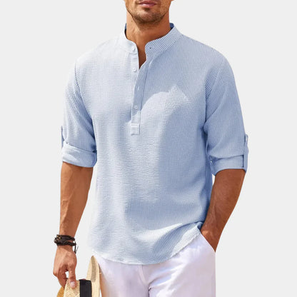 Chemise homme décontractée – Coupe ample – Col mao – Fibres naturelles respirantes