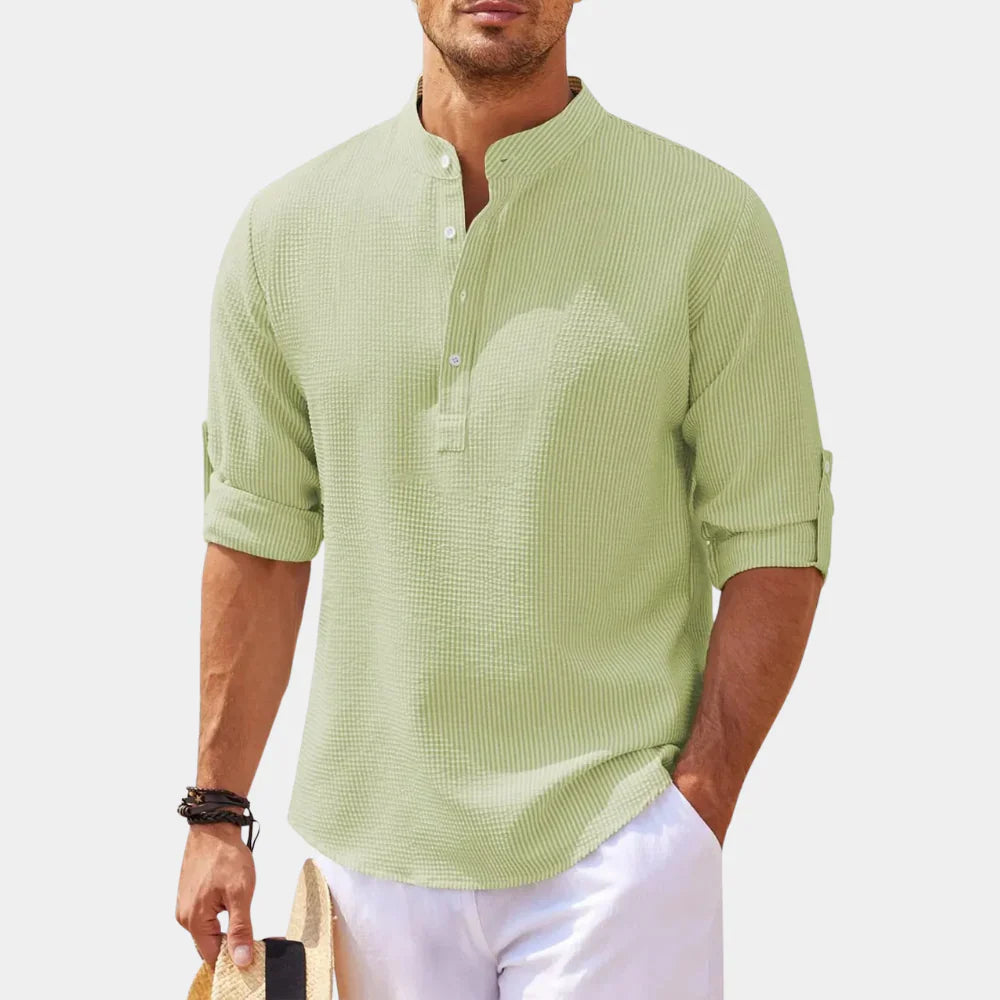 Chemise homme décontractée – Coupe ample – Col mao – Fibres naturelles respirantes