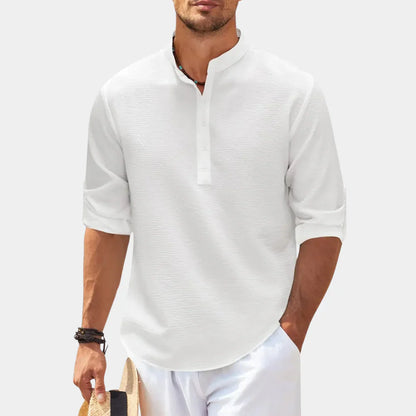 Chemise homme décontractée – Coupe ample – Col mao – Fibres naturelles respirantes