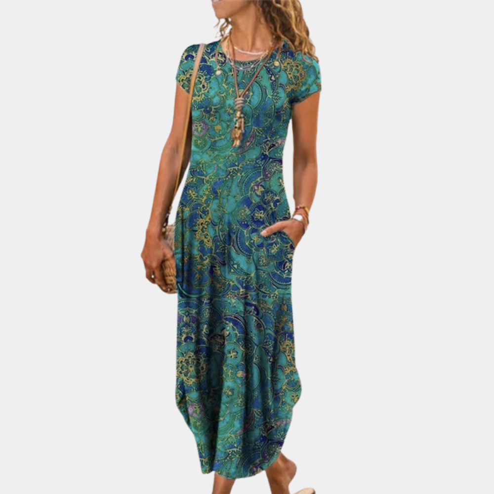 Robe midi femme – Coupe ample – Manches courtes – Motif artistique – Tissu respirant