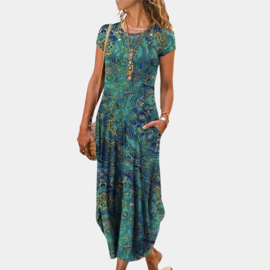 Robe midi femme – Coupe ample – Manches courtes – Motif artistique – Tissu respirant