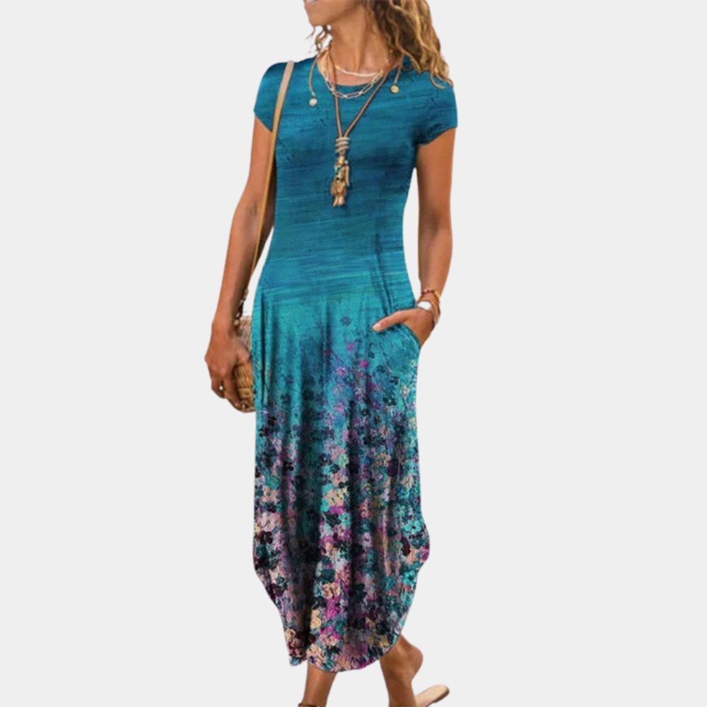 Robe midi femme – Coupe ample – Manches courtes – Motif artistique – Tissu respirant