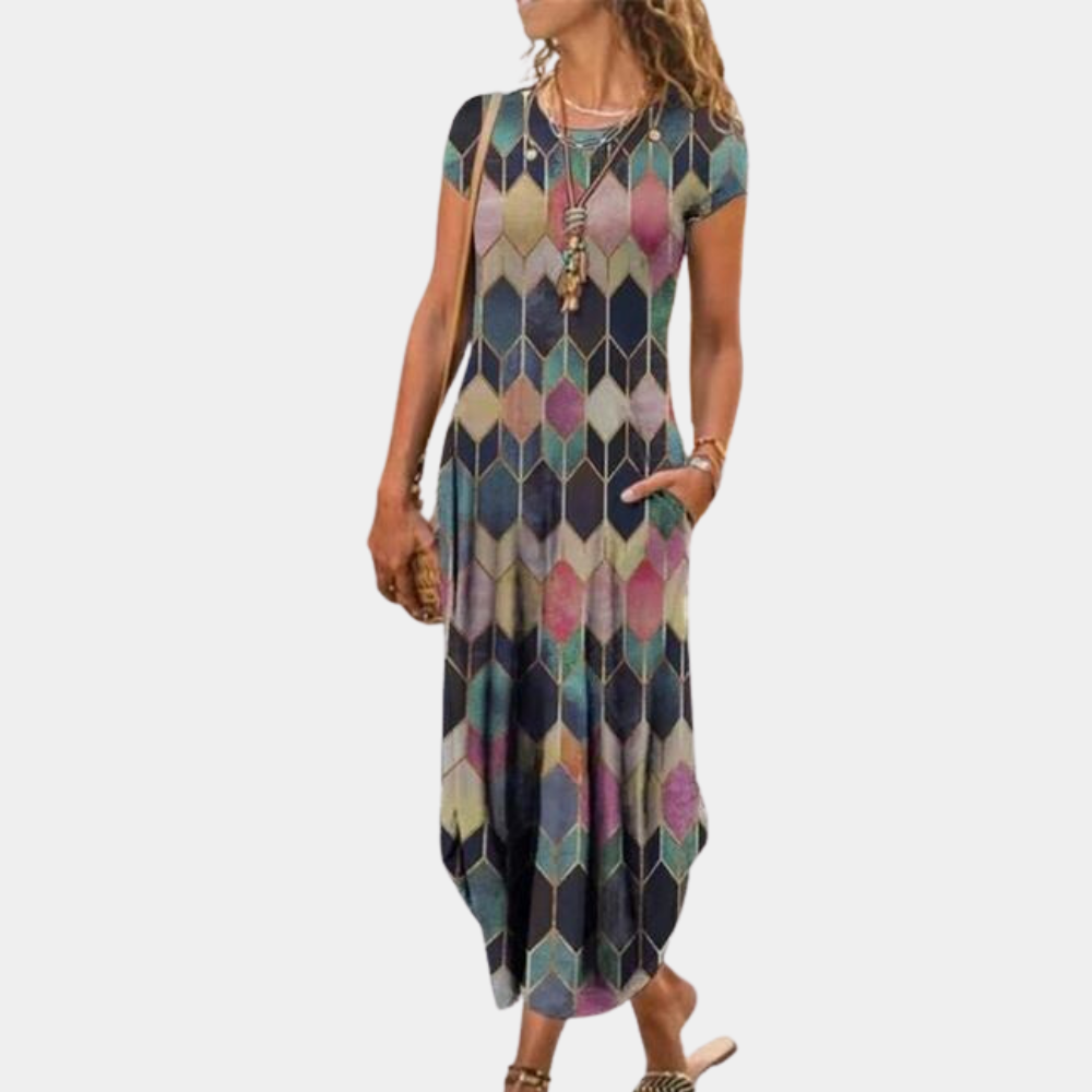 Robe midi femme – Coupe ample – Manches courtes – Motif artistique – Tissu respirant
