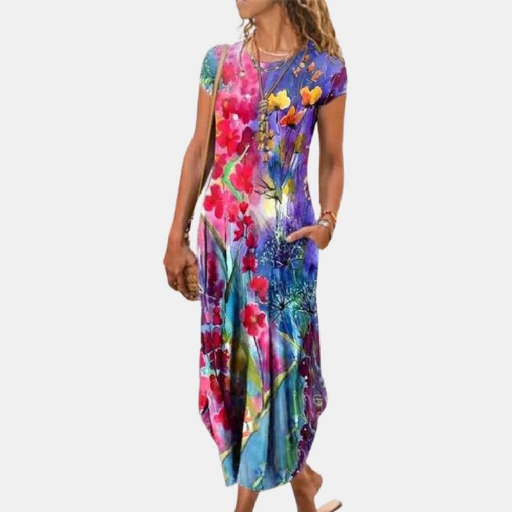 Robe midi femme – Coupe ample – Manches courtes – Motif artistique – Tissu respirant