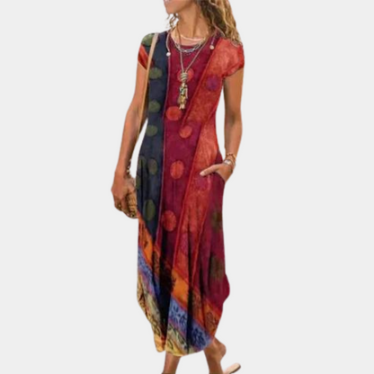 Robe midi femme – Coupe ample – Manches courtes – Motif artistique – Tissu respirant