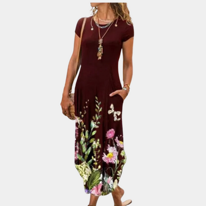 Robe midi femme – Coupe ample – Manches courtes – Motif artistique – Tissu respirant