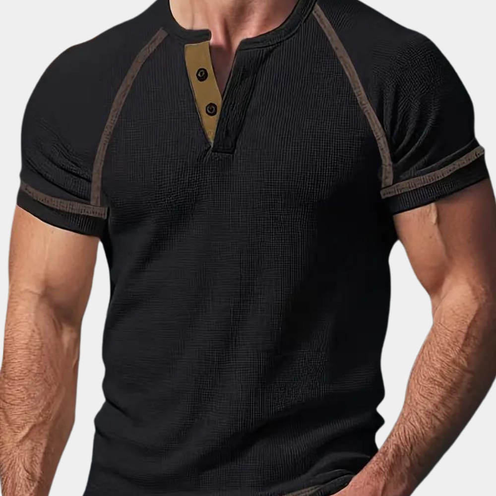 T-shirt homme – Coupe slim – Col Henley – Manches courtes
