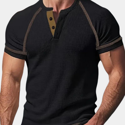 T-shirt homme – Coupe slim – Col Henley – Manches courtes