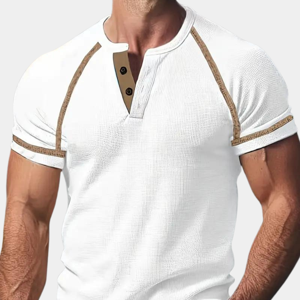 T-shirt homme – Coupe slim – Col Henley – Manches courtes