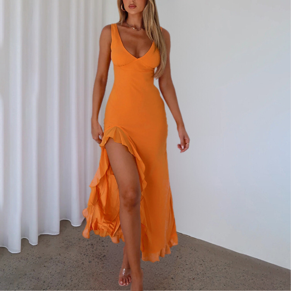 Robe de soirée femme – Coupe ajustée – Décolleté en V – Sans manches – Satiné – Fente haute