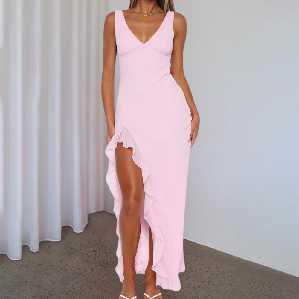 Robe de soirée femme – Coupe ajustée – Décolleté en V – Sans manches – Satiné – Fente haute