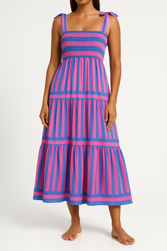 Robe longue femme – Bodice smocké – Jupe à volants – Bretelles réglables – Rayures
