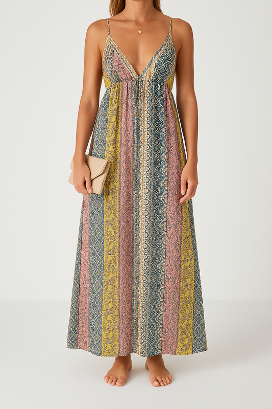 Robe longue femme – Décolleté en V – Dos nu – Bretelles fines – Tissu fluide respirant