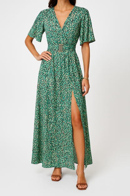 Robe longue femme – Tissu fluide – Décolleté cache-cœur – Manches courtes – Ceinture boucle