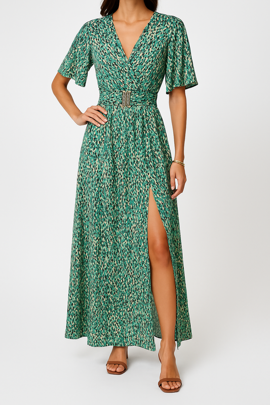 Robe longue femme – Tissu fluide – Décolleté cache-cœur – Manches courtes – Ceinture boucle
