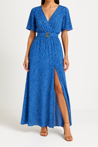 Robe longue femme – Tissu fluide – Décolleté cache-cœur – Manches courtes – Ceinture boucle