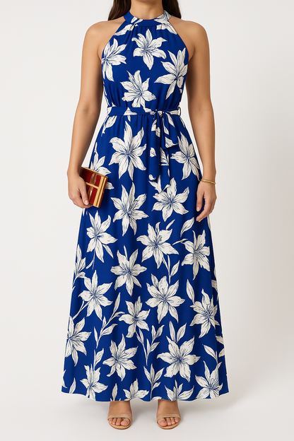 Robe longue femme – Encolure dos nu – Imprimé fleuri – Taille ceinturée – Ourlet à volants