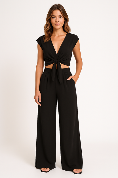 Ensemble Femme Deux Pièces – Haut Court Nœud Devant – Pantalon Large Taille Haute