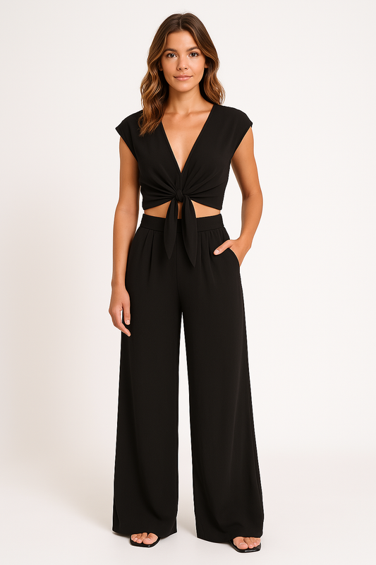 Ensemble Femme Deux Pièces – Haut Court Nœud Devant – Pantalon Large Taille Haute