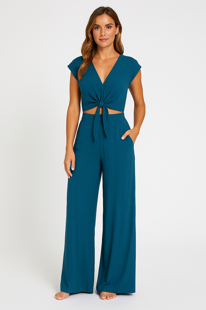 Ensemble Femme Deux Pièces – Haut Court Nœud Devant – Pantalon Large Taille Haute
