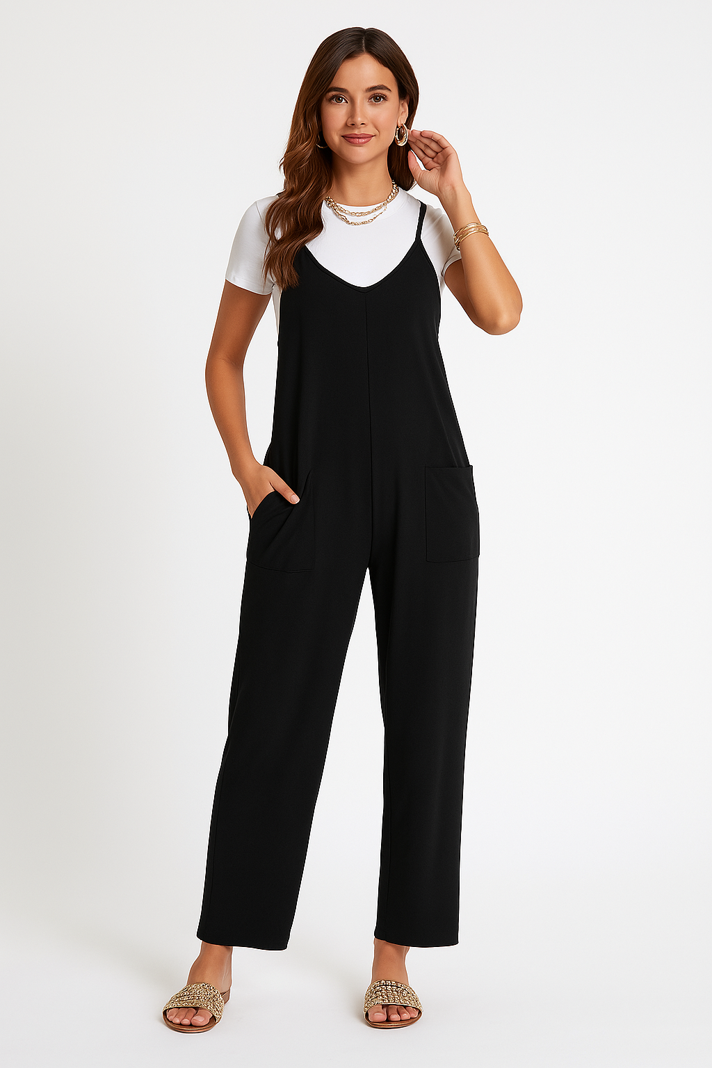 Combinaison femme – Coupe décontractée – Jambe large – Sans manches – Tissu léger