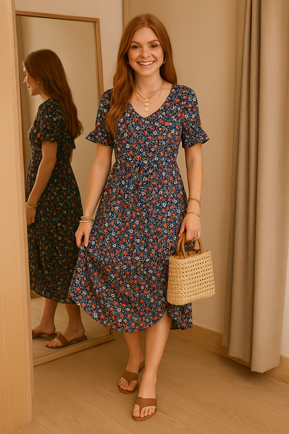 Robe midi femme – Coupe décontractée – Encolure en V – Manches volantées – Tissu respirant