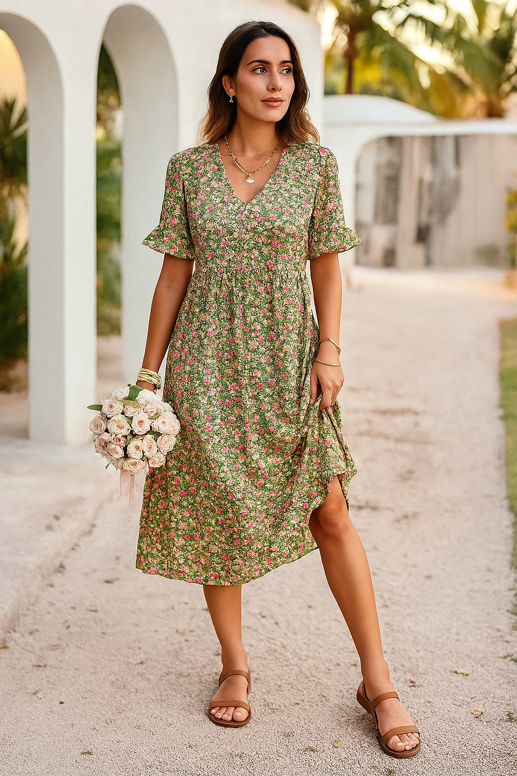 Robe midi femme – Coupe décontractée – Encolure en V – Manches volantées – Tissu respirant