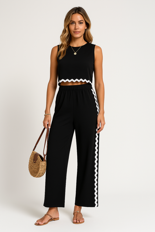 Ensemble Deux Pièces Femme – Coupe Ample – Haut Court Sans Manches – Pantalon Long – Finitions Contrastées