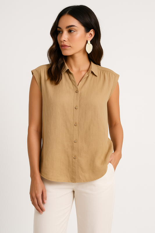 Blouse Femme Sans Manches – Coupe Ample – Tissu Respirant – Col Classique Boutonné