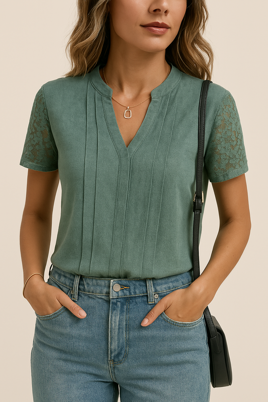 T-shirt femme col V – Manches courtes dentelle – Coupe décontractée