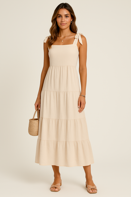 Robe longue femme – Tissu respirant – Sans manches – Coupe fluide à volants