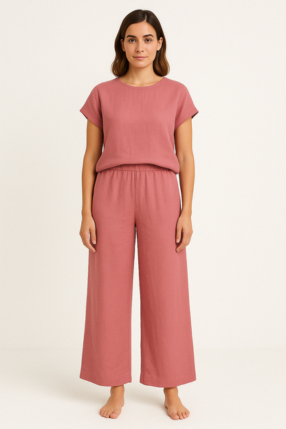 Ensemble deux pièces pour femme - Coupe ample - Top à manches courtes et col rond - Pantalon large à taille élastique
