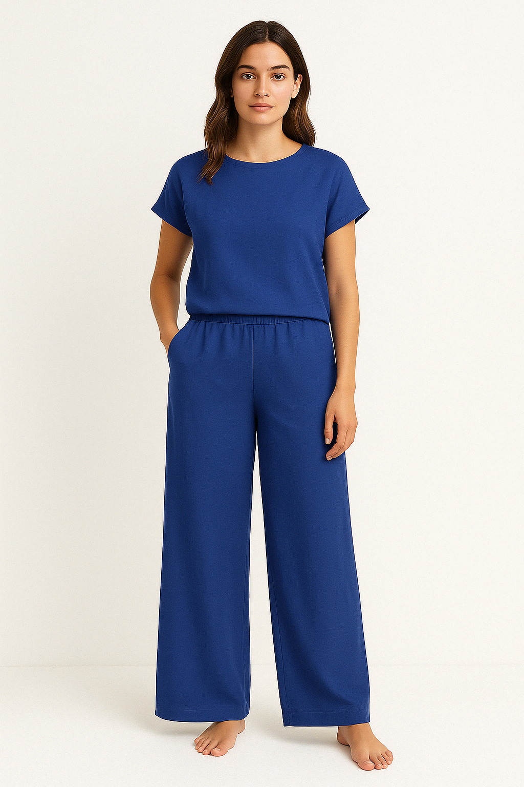 Ensemble deux pièces pour femme - Coupe ample - Top à manches courtes et col rond - Pantalon large à taille élastique