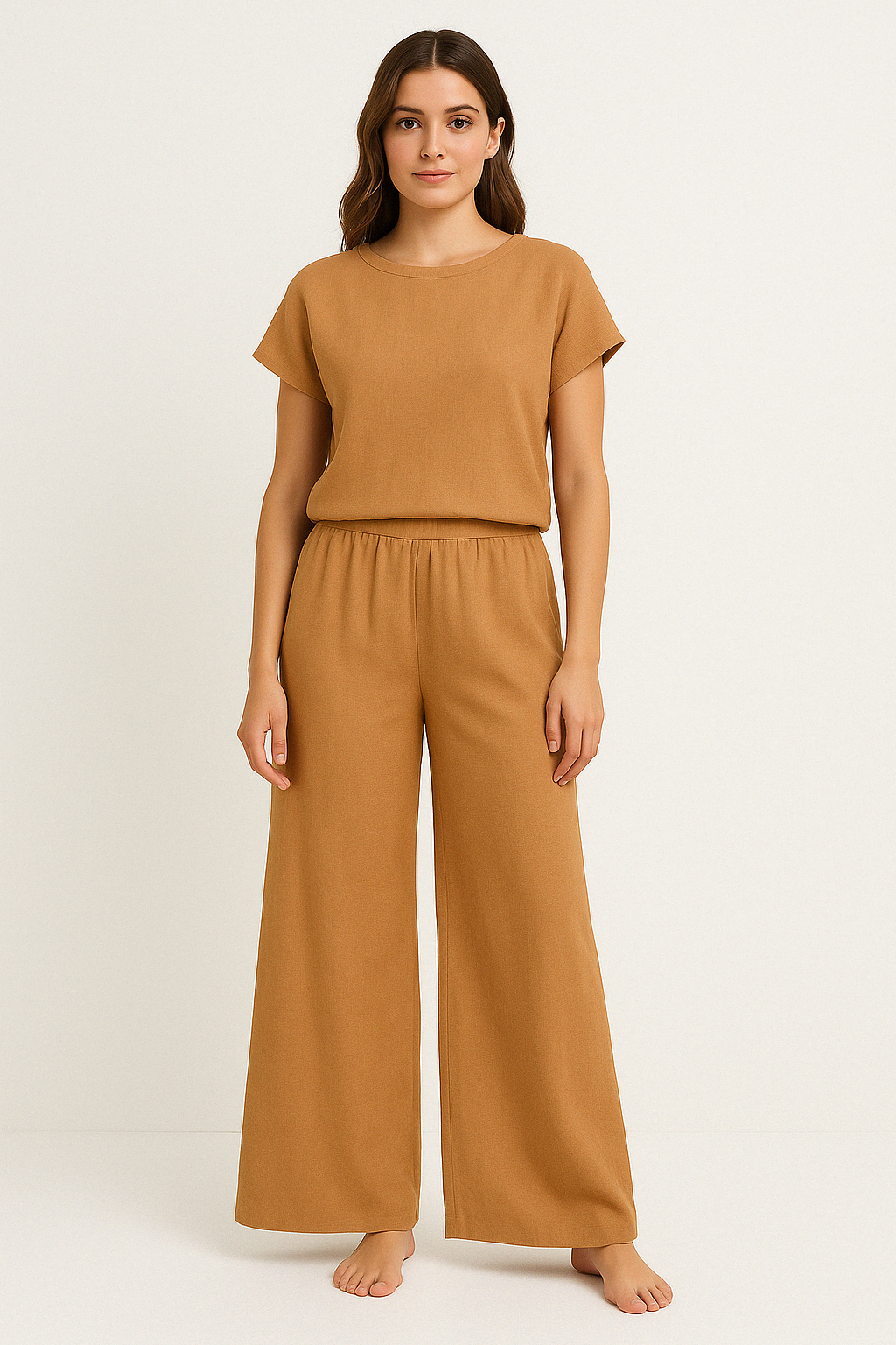 Ensemble deux pièces pour femme - Coupe ample - Top à manches courtes et col rond - Pantalon large à taille élastique